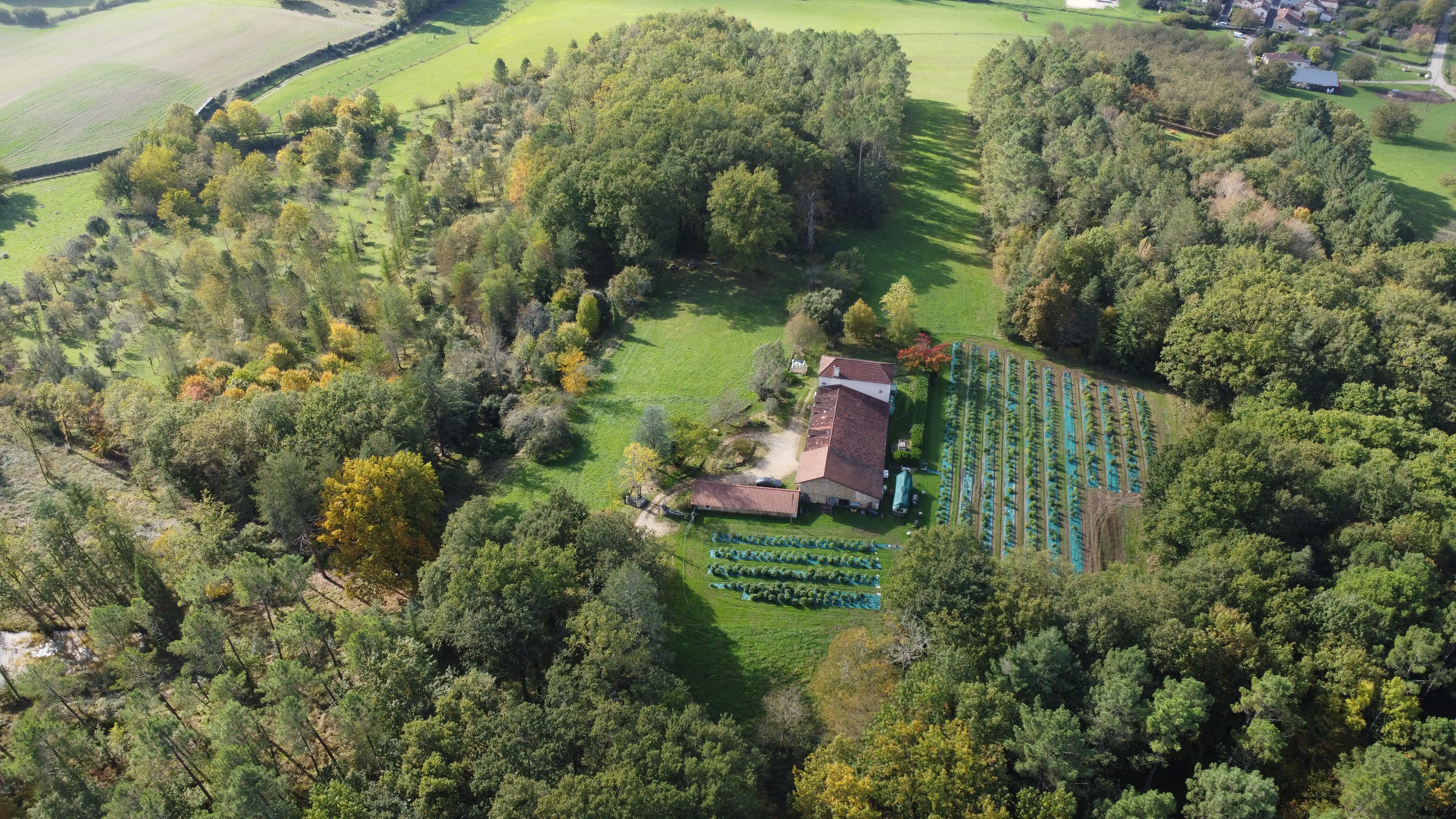 Vue aérienne du Cultivatoire, ferme de 15 hectares entourée de forêt en Périgord